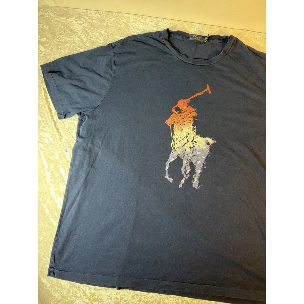 Polo Ralph Lauren Big Pony T Shirt Mens 2XB Navy Distressed Graphic Tee